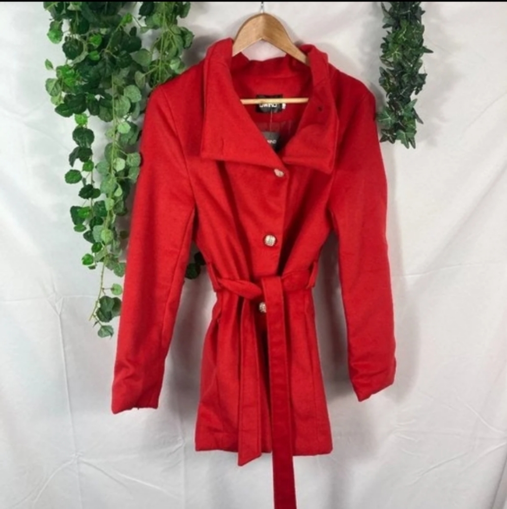 OWIND Bright Red Tie Waist Pea Coat-L